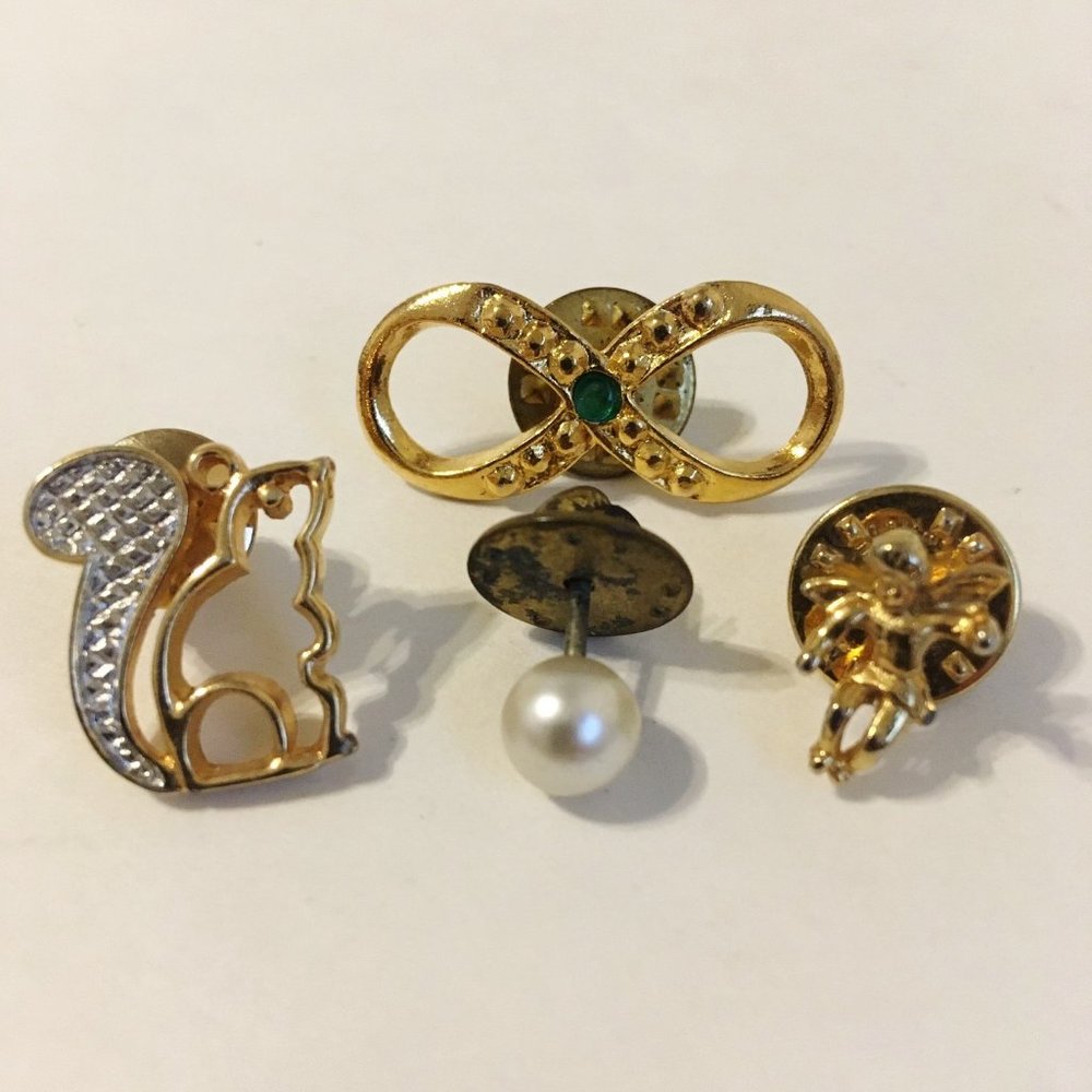 Lapel Pins Lot of 4 Pearl Rhinestone Tie Tack Gold Silver Bow Cherub Squirrel